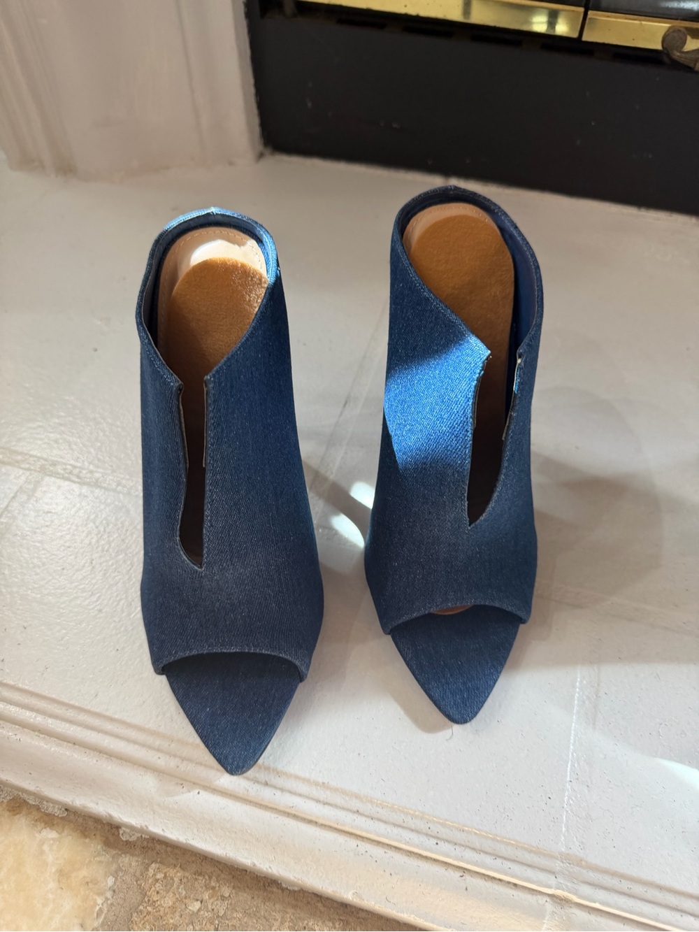 Denim Blue Peep-Toe Slip-On Mules